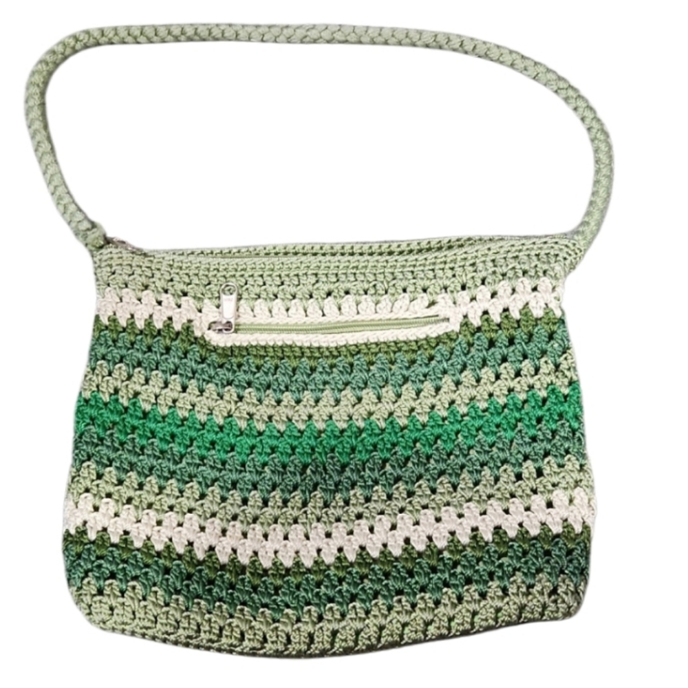 Vintage Striped Medium Green and Cream Crochet Shoulder Bag Lined Pockets